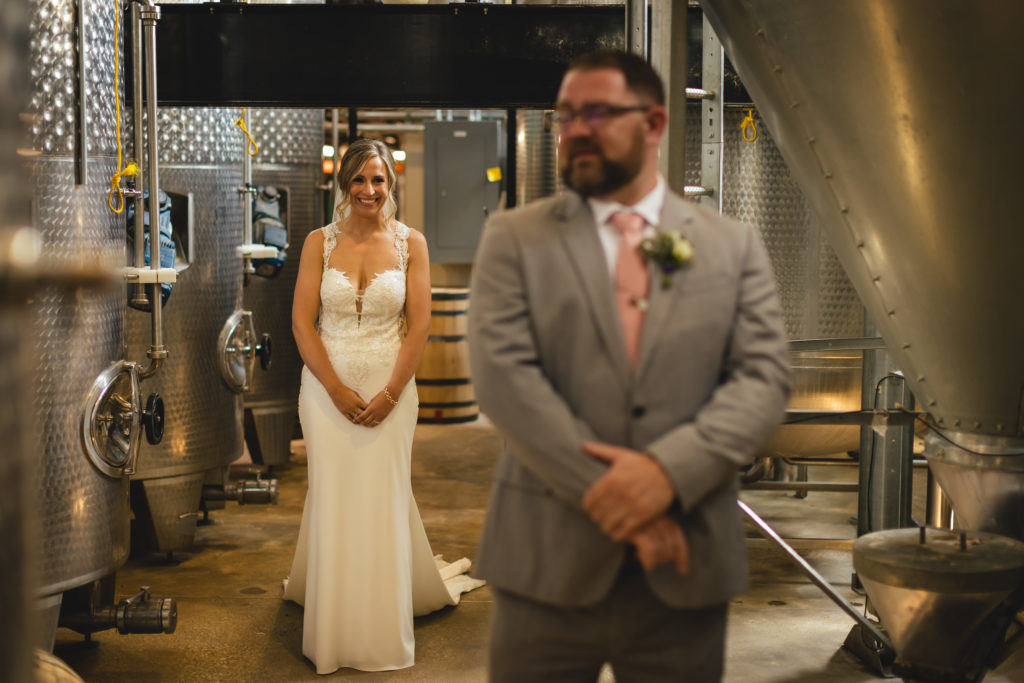 first look at Journeyman Distillery wedding